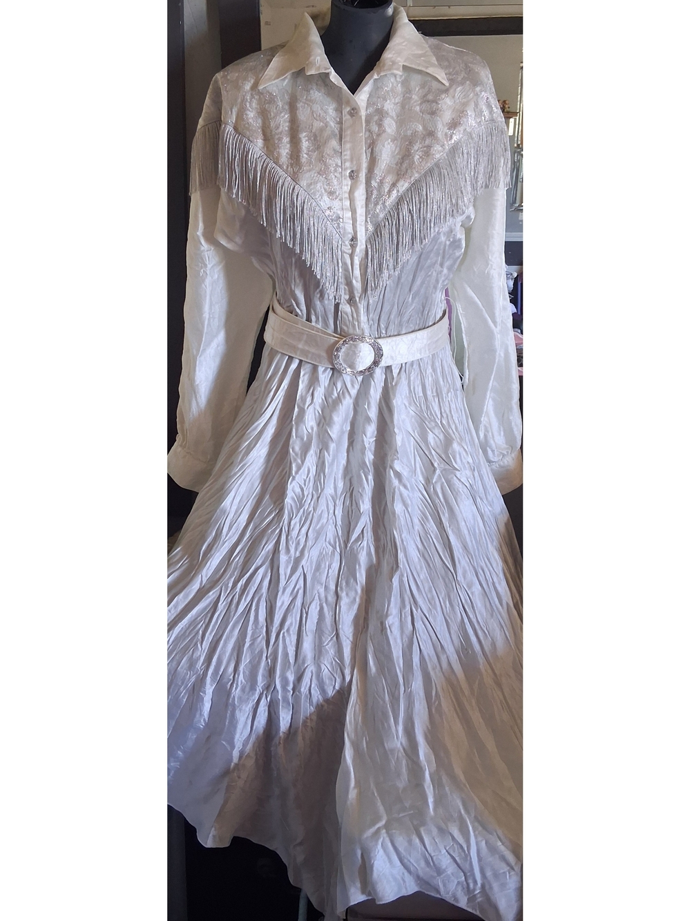 White Long-Sleeve Fringe Belted Western Dress